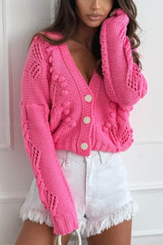 Fashion Hollow Long Sleeve V-neck Button Loose Knitted Cardigan