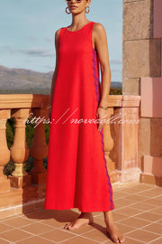 Vacation Villa Side Ric Rac Wave Trim Slit Loose Maxi Dress