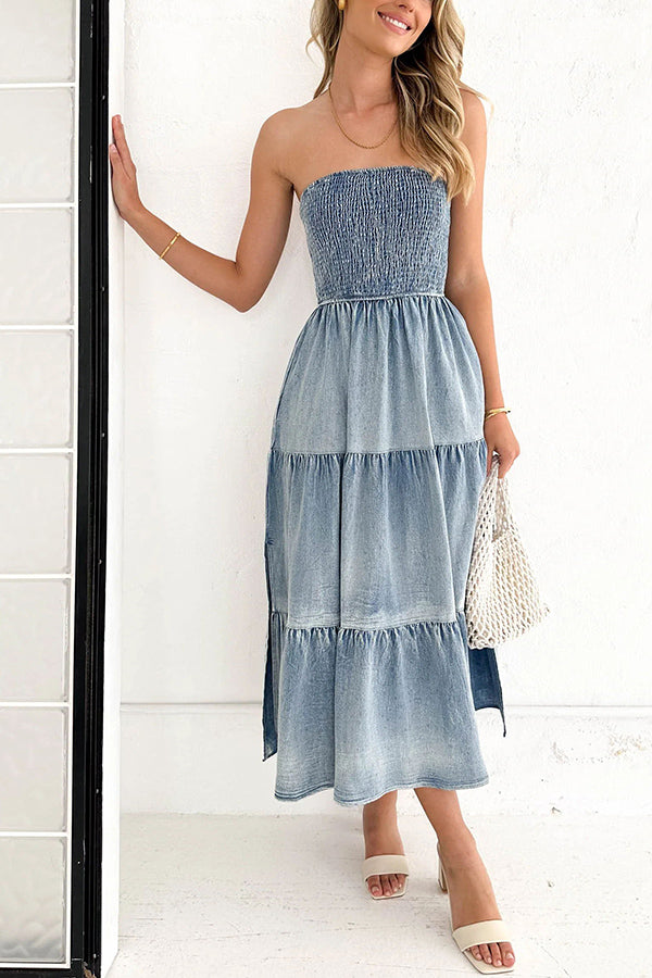 Asmn Off Shoulder Pleated Paneled Denim Maxi Dress