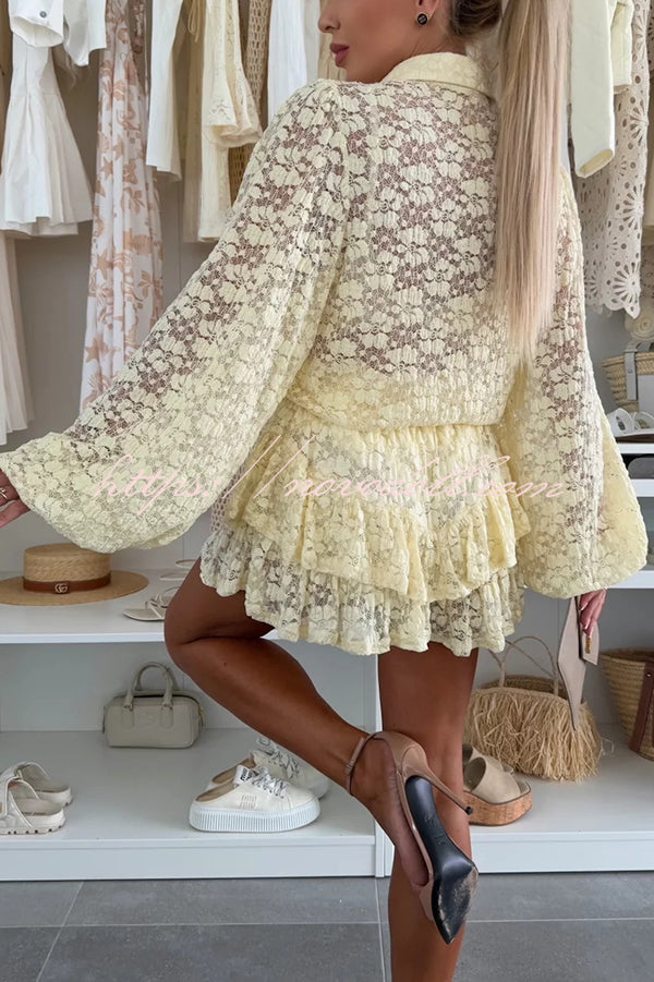 Nicola Lace Long Balloon Sleeve Blouse and Elastic Waist Layered Skort Set