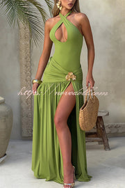 Solid Color Halter Neck Backless Slim Fit Pleated Slit Maxi Dress