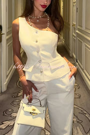 Fashion One-shoulder Slim-fit Button Vest and Casual Pocket Straight-leg Suit Pants Set