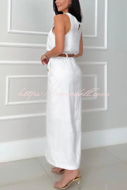 Office Lady Sleeveless Crewneck Top and Metal Button Pocket Slit Midi Skirt Set