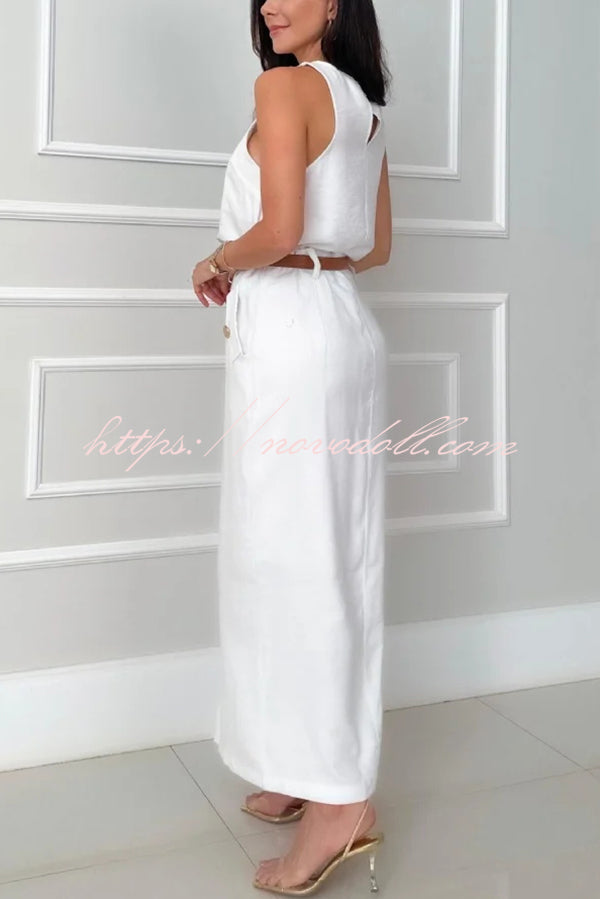 Office Lady Sleeveless Crewneck Top and Metal Button Pocket Slit Midi Skirt Set