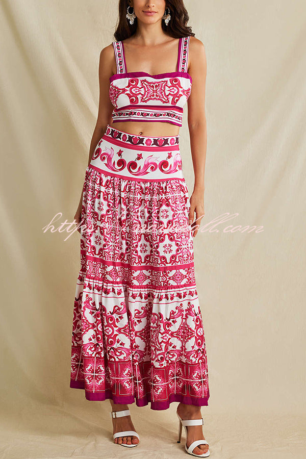 Unique Printed Sexy Sling Tank and Elastic Waist Large Hem Maxi Skirt Set