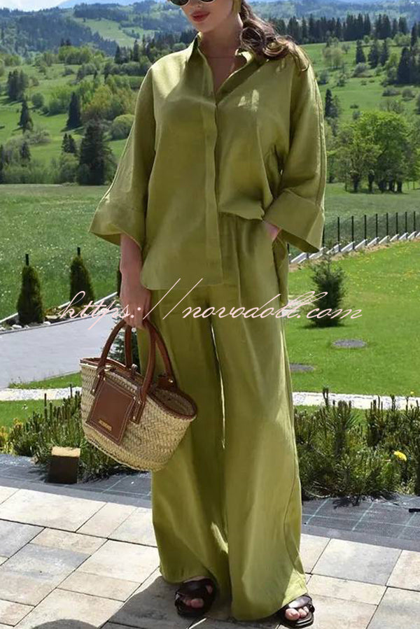 Solid Color Loose Casual Shirt and Elastic Waist Pocket Wide Leg Pants Set