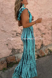 Pietra Tie Dye Print Scoop Neck Backless Hooded Stretch Maxi Dress