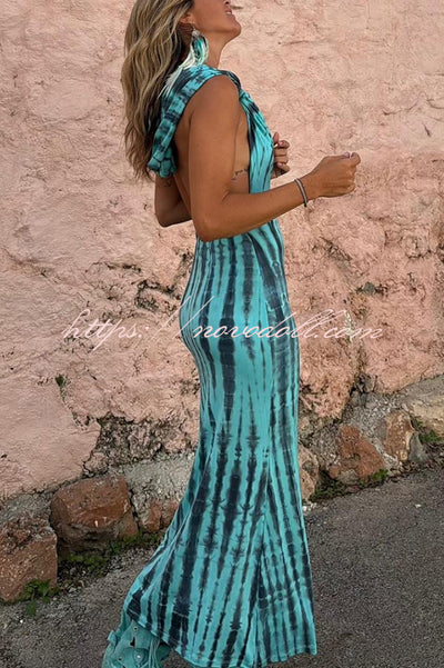 Pietra Tie Dye Print Scoop Neck Backless Hooded Stretch Maxi Dress