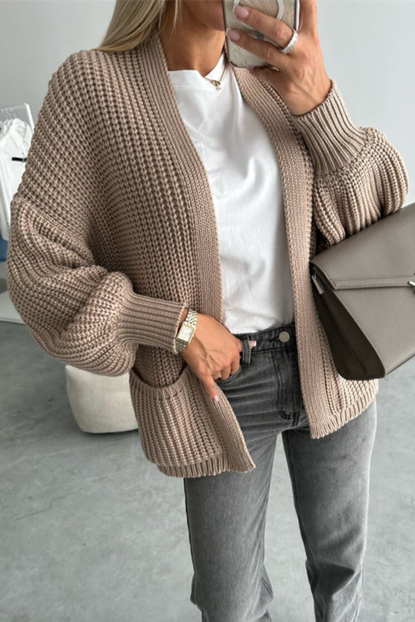 Solid Color V-neck Long-sleeved Casual Knitted Cardigan