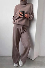 Solid Color Turtleneck Long-sleeved Knit Top and Elastic Waist Casual Pants Set