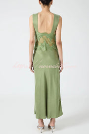 Wonderful Fusion Satin Lace Trim See-through Waist V-neck Drape Maxi Dress