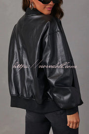 Solid Color Long Sleeve Loose Pocket Leather Jacket