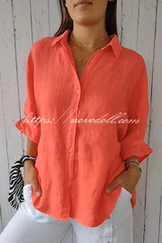 Linen Blend Solid Color Tie Back Loose Shirt Top