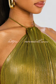 Glamorous Metallic Pleated Fabric Open Back Halter Slit Maxi Dress