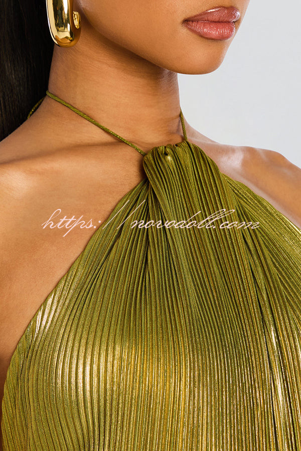 Glamorous Metallic Pleated Fabric Open Back Halter Slit Maxi Dress