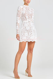 Champagne Toast Flower Lace Long Sleeve Bow Belted Mini Dress