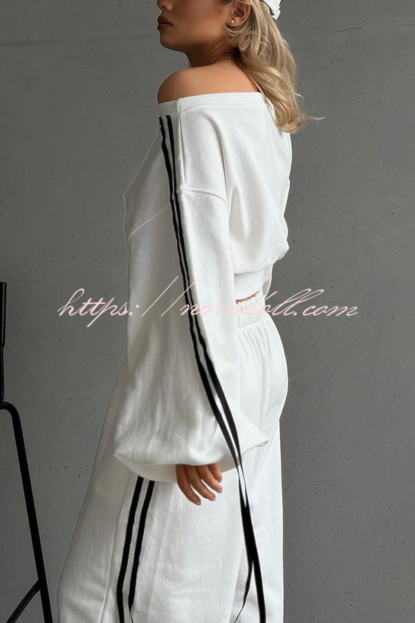 Contrast Color Webbing Casual Sweatshirt and Elastic Waist Tie Loose Pants Set