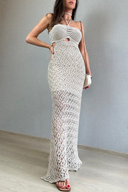 Sunset Beach Stroll Knit Texture Cutout Detail Halter Stretch Maxi Dress