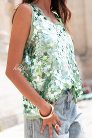 Fashionable Sequined Round Neck Sleeveless Loose Vest