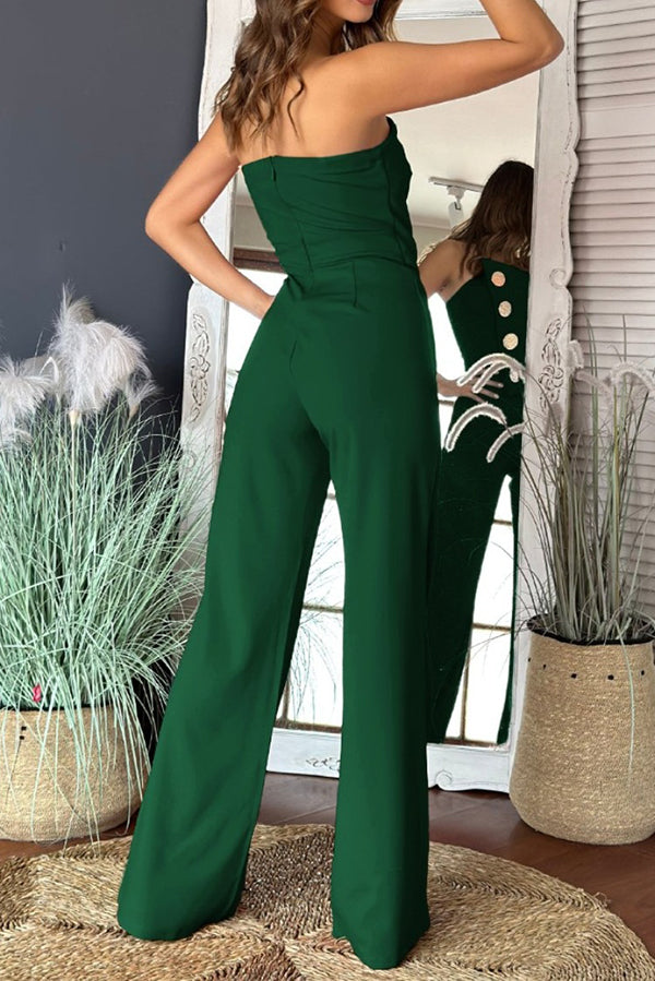 Solid Color Sexy Tube Top Gold Button Embellished Bootcut Jumpsuit