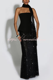 Oakley Corset Strapless Top and Sequin High Rise Maxi Skirt Scarf Set