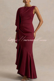 Freya Satin Boat Neck Waterfall Frill Sleeve Drape Maxi Dress