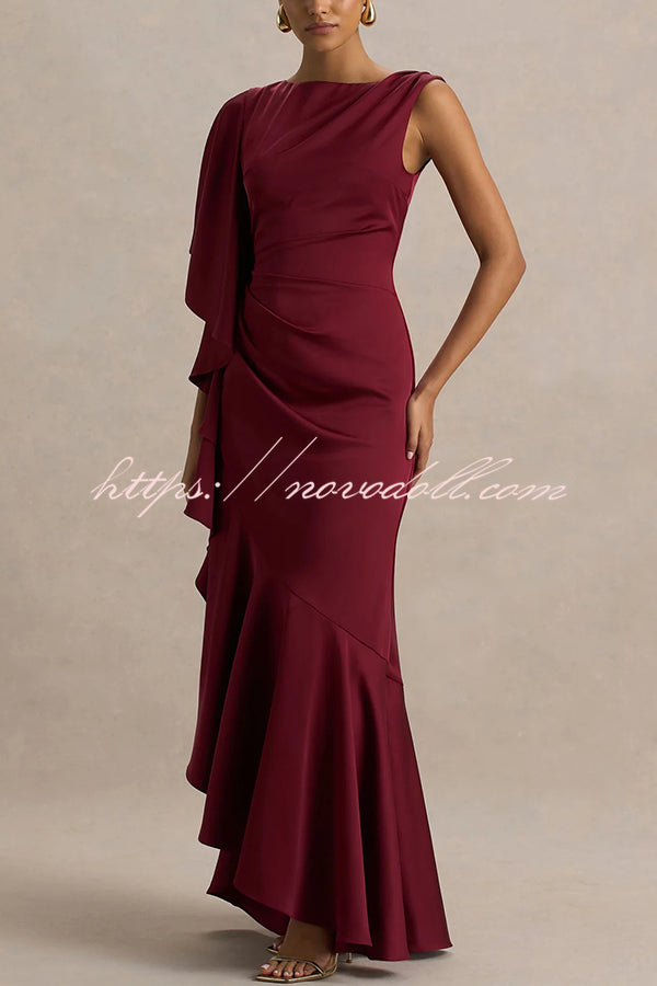Freya Satin Boat Neck Waterfall Frill Sleeve Drape Maxi Dress