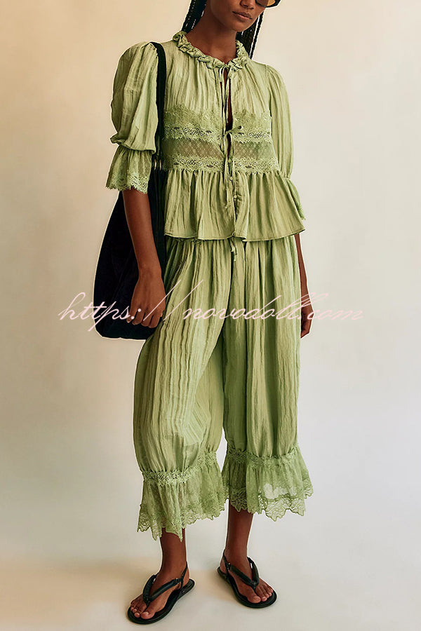 Pastoral Style Elastic Waist Lace Hem Bloomer Pants