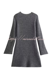 Beautiful Basic Ribbed Knit Long Slit Sleeve Flare Stretch Dress