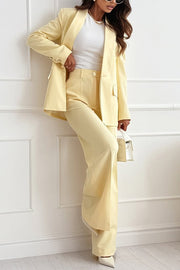 Solid Color Lapel Long Sleeve Casual Blazer and Pocket Wide Leg Pants Set