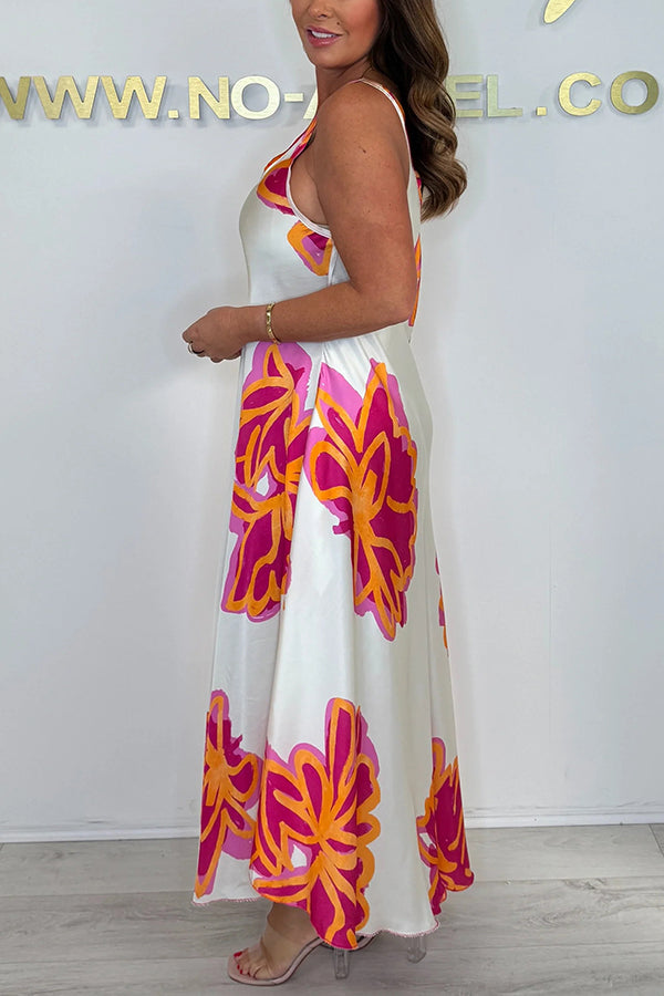 Satin Unique Print V-neck Suspender Midi Dress