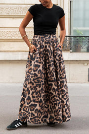 Leopard Print Pocket Pleated Hem Maxi Skirt