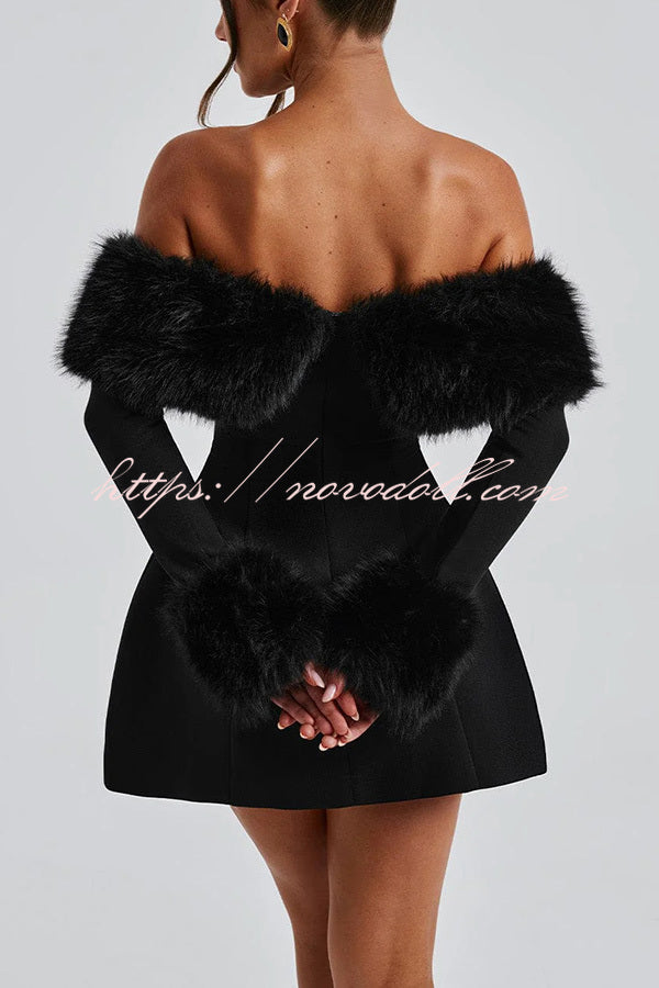 Cute and Luxe Faux Fur Trim Off Shoulder Bubble Shaped Mini Dress