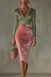 Fashionable Velvet Patchwork Stretch Slim Midi Dress