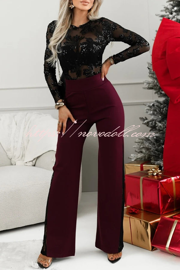 Dazzling and Sparkle Mesh Floral Sequin Long Sleeve Stretch Bodysuit