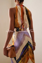 Unique Print Sleeveless Stretch Stand Collar Top and Elegant Maxi Skirt Set