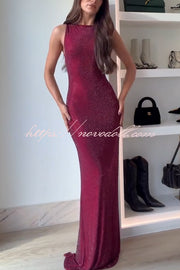 Holiday Nights Sequin Boat Neck Sleeveless Slit Maxi Dress