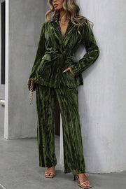 Solid Color Velvet Loose Long-sleeved Top and Elastic Waist Pocket Casual Straight-leg Pants Set