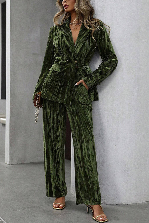 Solid Color Velvet Loose Long-sleeved Top and Elastic Waist Pocket Casual Straight-leg Pants Set