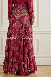 Unique Printed Chiffon Long-sleeved Loose Shirt and Elegant Ruffled Maxi Skirt Set