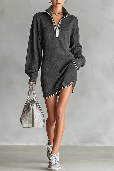 Fashionable Loose-fitting Long-sleeved Collared Zip-up Casual Knitted Mini Dress