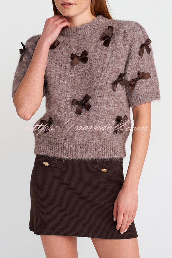 Jensin Knit Satin Bow Detail Short Sleeve Crop Sweater