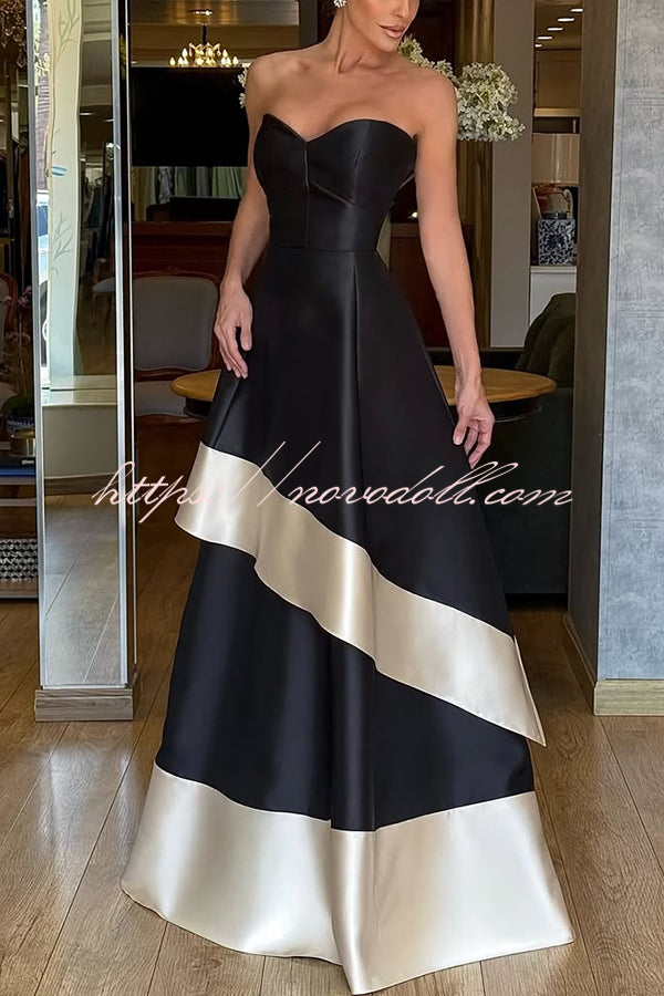 Vivian Satin Contrast Color Sweetheart Bandeau Neck Pocket Layered Maxi Dress