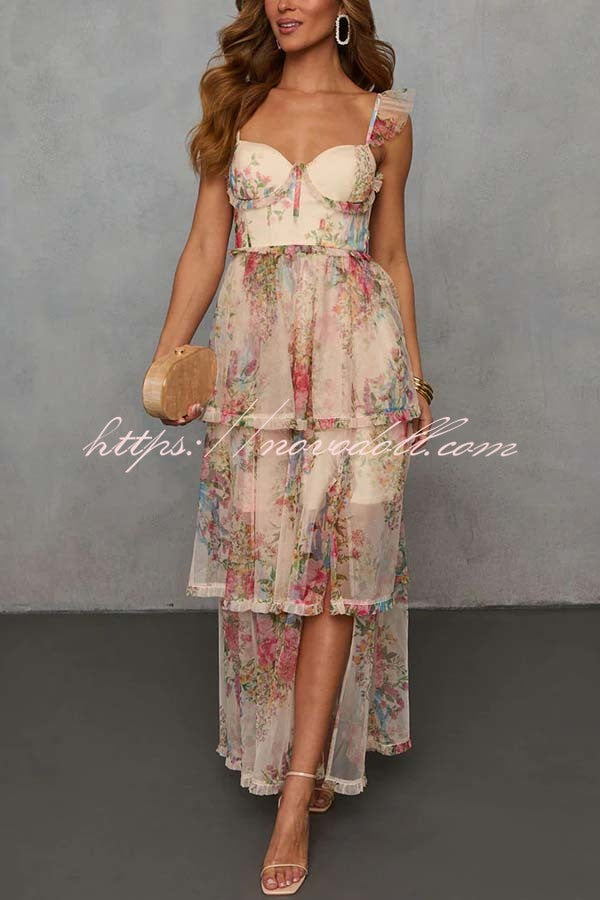 Romantic and Elegant Mesh Floral Back Smocked Tiered Ruffle Maxi Dress
