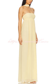 Butter Yellow Ruched Bust Off Shoulder Scarf A-line Maxi Dress