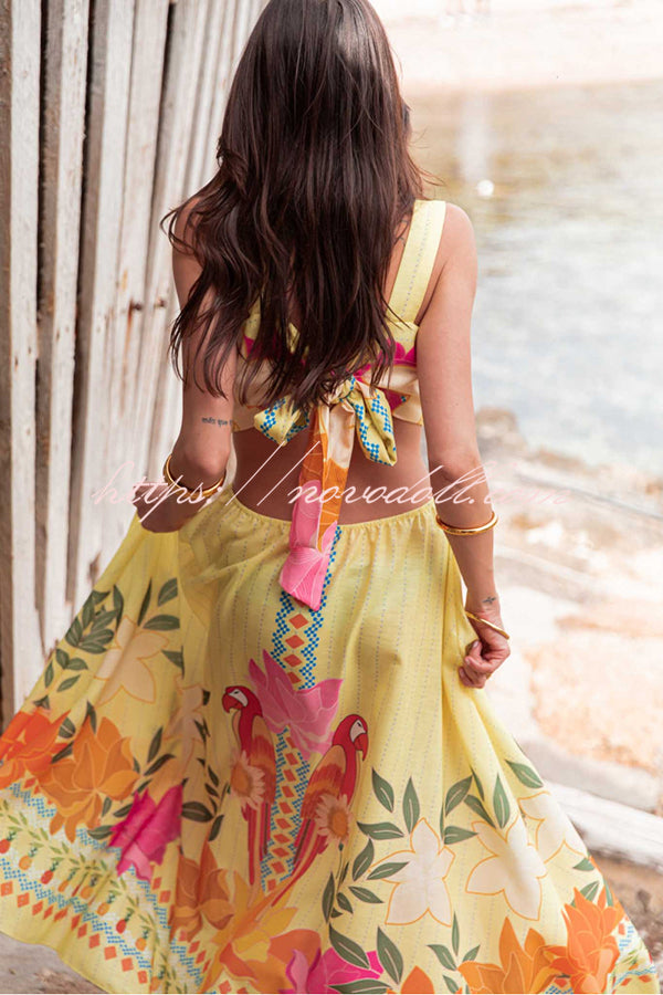 Resort Style Unique Print Sexy Square Neck Backless Waist Maxi Dress