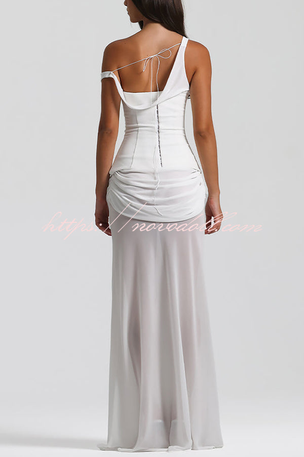 Sculptural Elegance One Shoulder Removable Corset Drape Maxi Dress