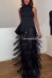 Chic Celebration Layered Sequined Tassels Slip Strapless H-line Midi Dress