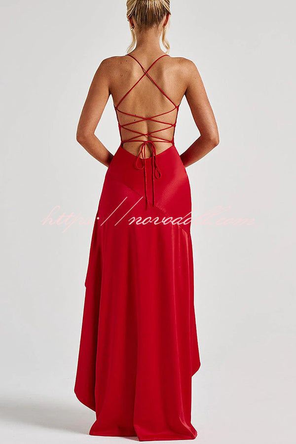 Samira Satin Back Lace-up Ruffles High Low Slit Maxi Dress