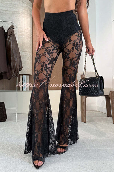 Chic Moment Floral Lace High Rise Elastic Waist Fishtail Hem Stretch Pants